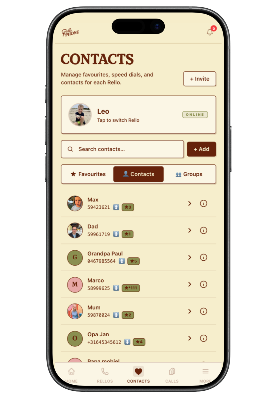 Rello App Contacts screen